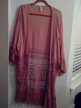 Blush pink fringe kimono cardigan